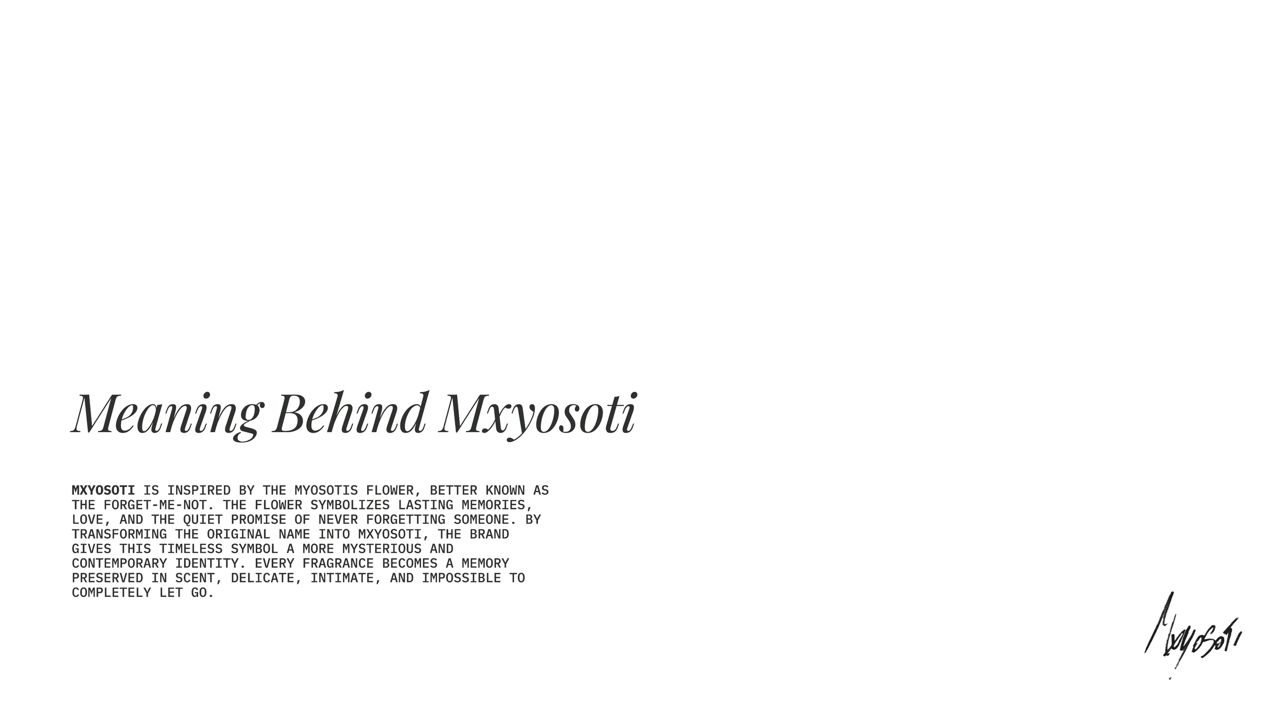 Meaning behind MXYOSOTI, inspired by the Myosotis forget-me-not flower.