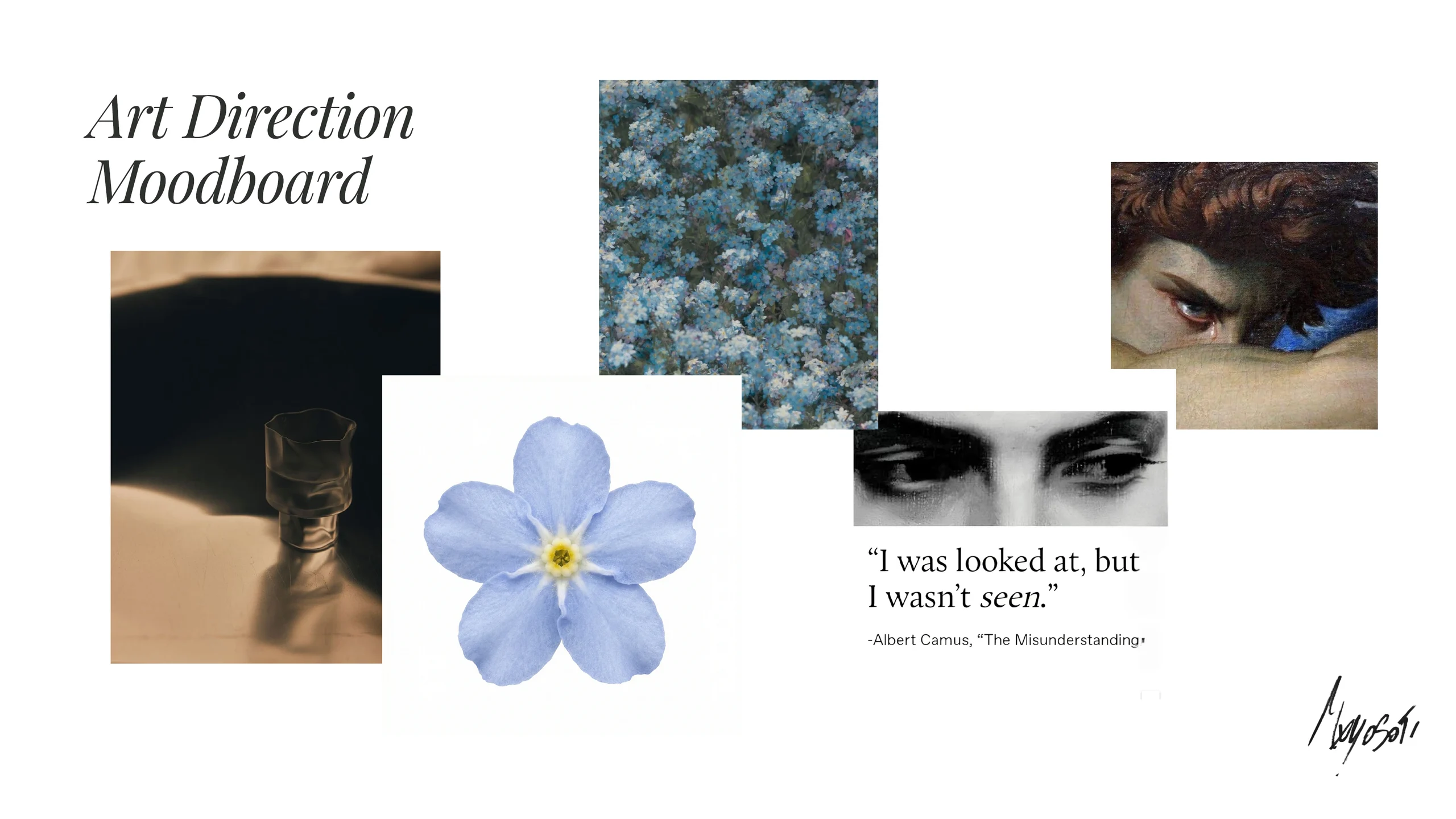 Art direction moodboard with forget-me-not flowers, artwork, shadows and intimate imagery.