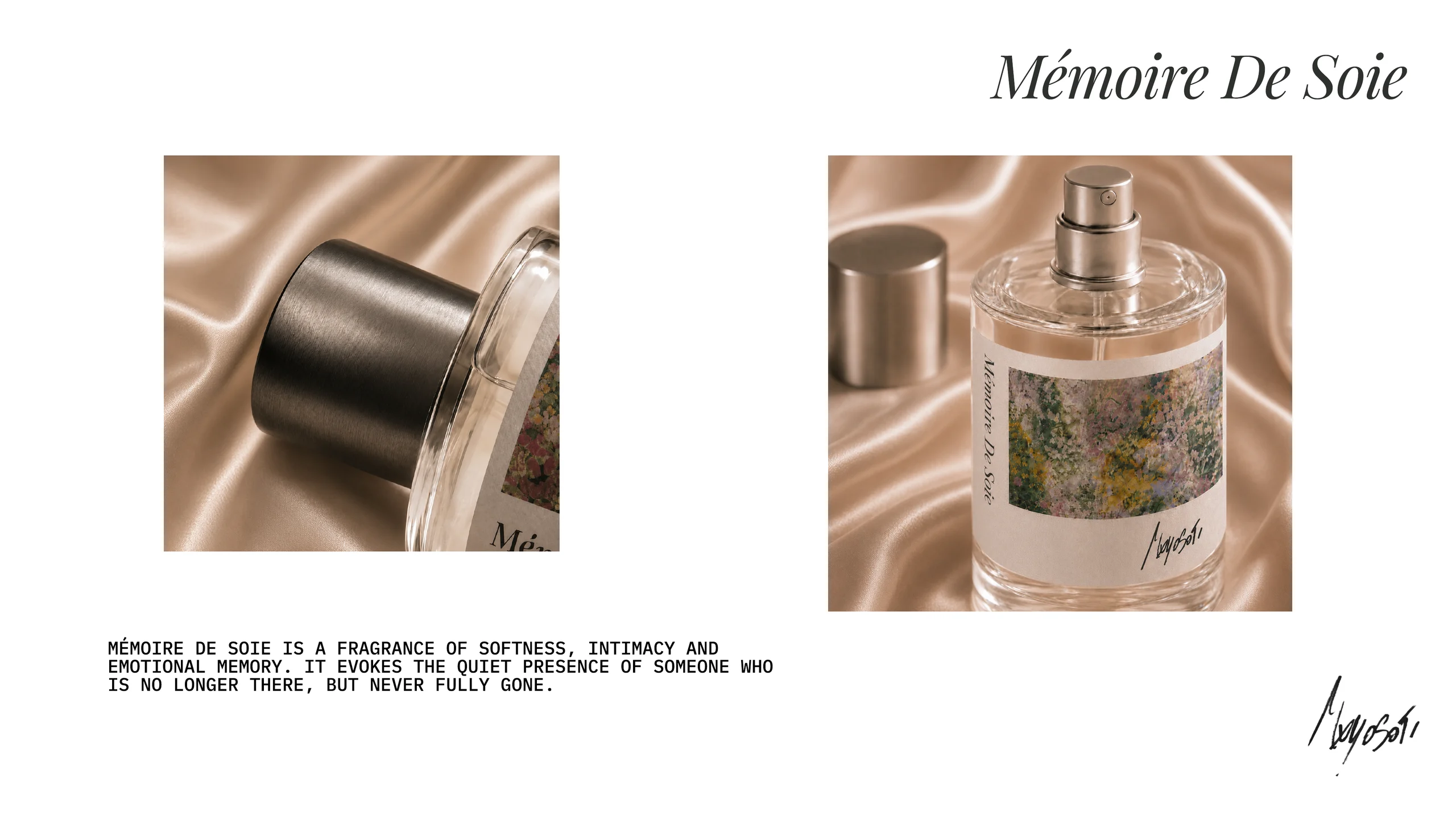 Mémoire De Soie perfume bottle photographed on silk.